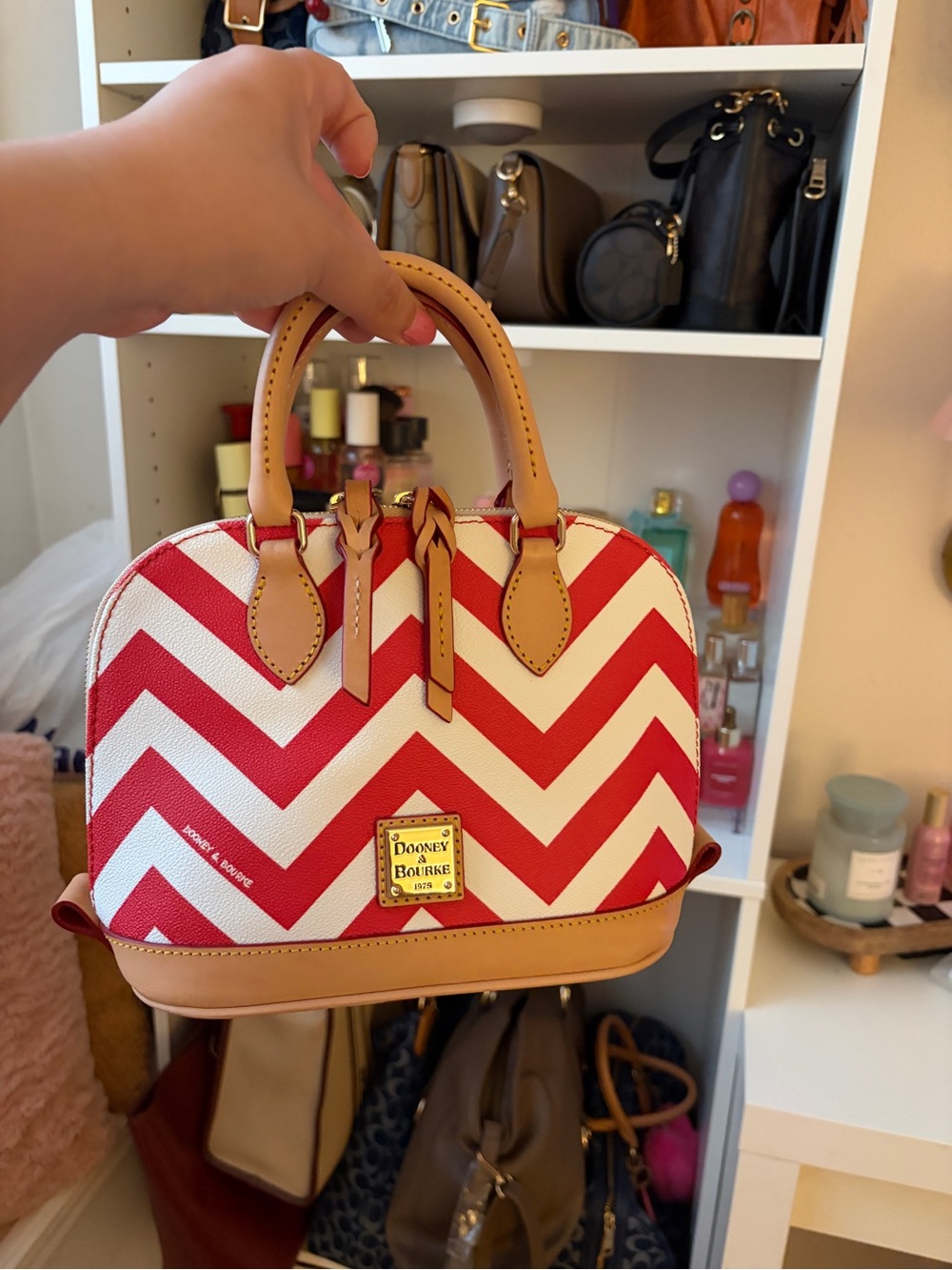 Dooney & Bourke Coral Red and White Chevron Dome Satchel with Tan Trim